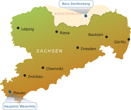 Ausschnitt einer Karte von Sachsen und Brandenburg auf der die Lage beider Niederlassungen zu sehen ist