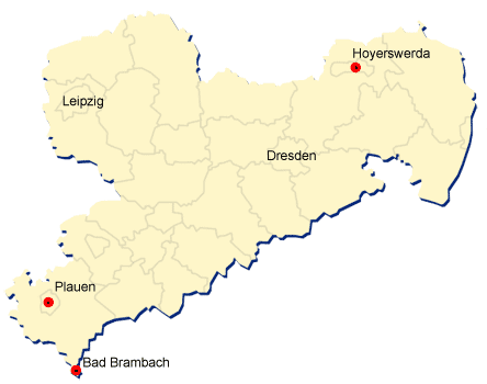 Ausschnitt einer Karte von Sachsen und Brandenburg auf der die Lage der drei Wetterstationen gekennzeichnet ist